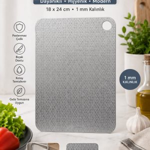 Paslanmaz Çelik Kesme Tahtası Yüzey Işlemeli 1mm Kalınlık, 18x24 cm Yıkanabilir, Gıda Temasına Uygun