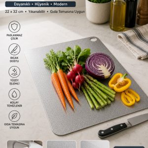 Paslanmaz Çelik Kesme Tahtası Yüzey Işlemeli 1mm Kalınlık, 22x32 cm Yıkanabilir, Gıda Temasına Uygun